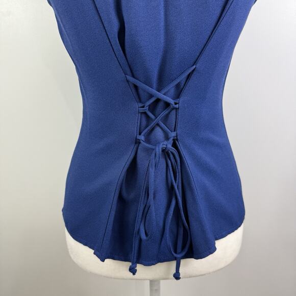 Vintage 90s Maurices Blue Textured Blouse 9/10 Mandarin Collar Corset Back Y2K - Picture 8 of 12